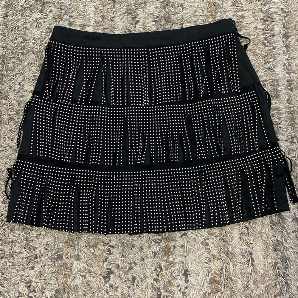 Black mini skirt, silver stud, fringe, size large